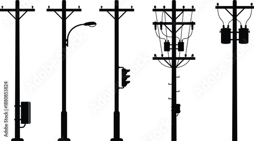 utility poles and street light silhouettes illustration, electric power distribution infrastructure set, urban black vector isolated