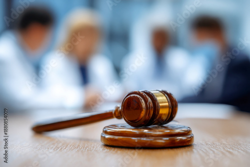 Wooden gavel resting on a sound block symbolizing justice with blurred medical professionals in the background discussing important legal and health matters