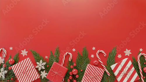 Red Christmas Background with Gifts and Decorations