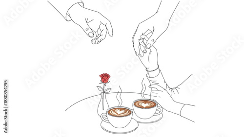 Outline drawing depicts a romantic moment between two people sharing heart-shaped latte art coffee cups next to a single red rose on a table.