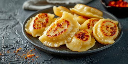 Close-up of fried Polish pierogi on black plate on dark background, dumpling with minced meat, traditional cuisine