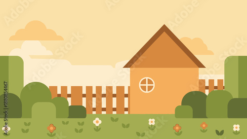 Illustration of a house with a fenced garden and flowers viewed from the front in a serene landscape