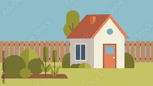 A cozy white house with an orange roof and door surrounded by green bushes and a wooden fence on a serene lawn under a clear blue sky