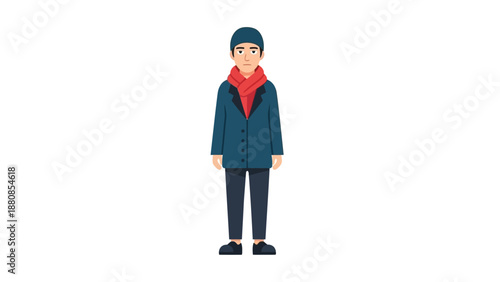 Man standing in plain white background wearing blue winter coat and red scarf