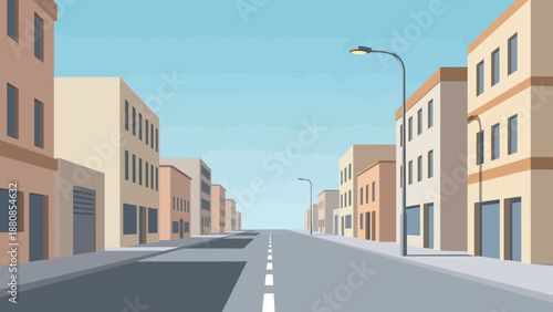 Urban street scene with modern buildings, streetlights, and empty road, viewed from a low angle, capturing cityscape