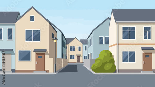 Houses line the street with trees and buildings in the neighborhood scene viewed from the road
