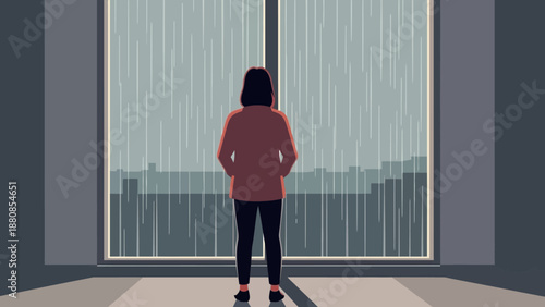 A lone woman gazes out of a window at a rainy cityscape, reflecting on her thoughts and feelings during a somber day