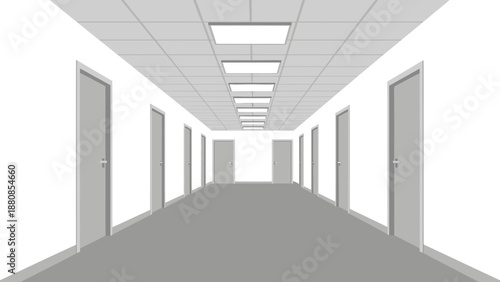 Illustration of a long, empty corridor with doors on both sides and a lit ceiling, representing a path forward or a decision-making process