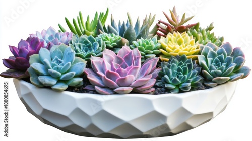 Colorful succulent plants arranged in a white geometric textured bowl create a vibrant and visually appealing display