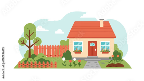 Charming illustration of a suburban house with a colorful garden, fence, and trees under a bright sky