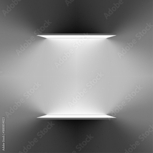 Empty realistic white shelf with bright backlighting isolated on a dark background. Vector 3D illustration.