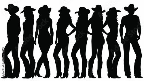 Silhouettes of people wearing cowboy hats standing in line