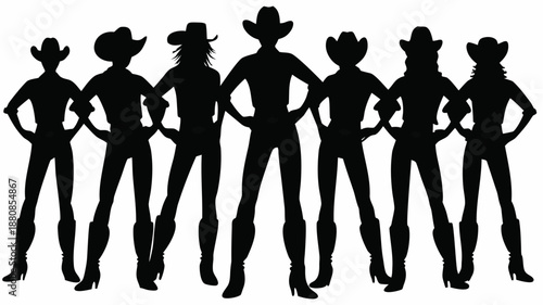 Six confident cowgirls standing in line with hands on hips