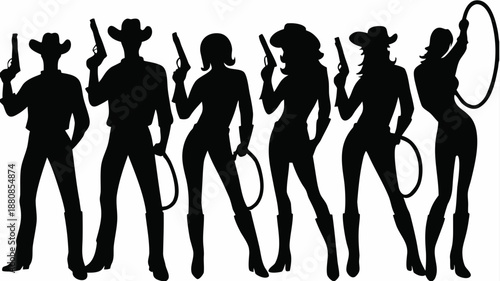 Silhouettes of cowboys and cowgirls with guns and lassos in western stance
