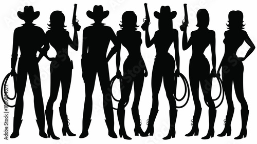 Six cowboys and cowgirls standing in line with guns and lassos