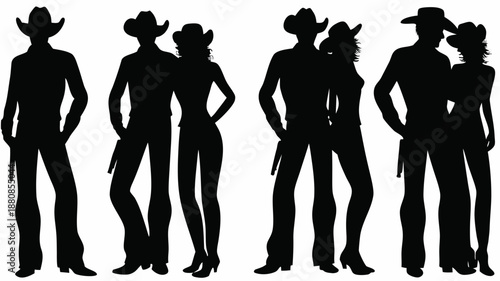 Six cowboy and cowgirl silhouettes in western attire standing together
