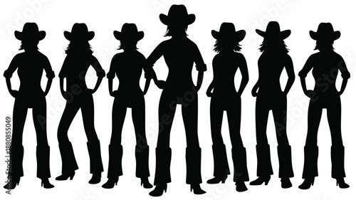 Seven cowboy silhouettes standing in line wearing hats