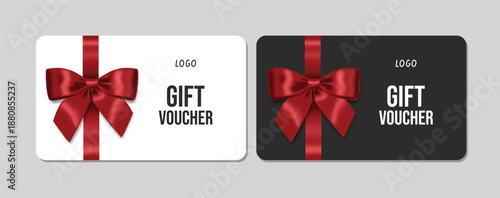 3d realistic gift cards with a ribbon bow. Gift Certificate Template, Sale Card, Birthday, Christmas	