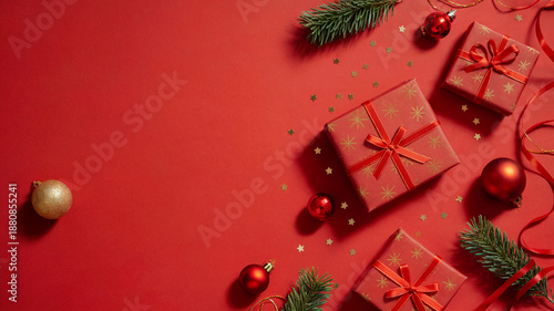 Festive Red Christmas Gift Flat Lay