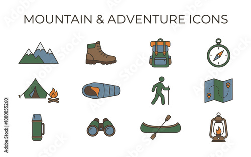 Mountain and adventure icons for outdoor enthusiasts and travel