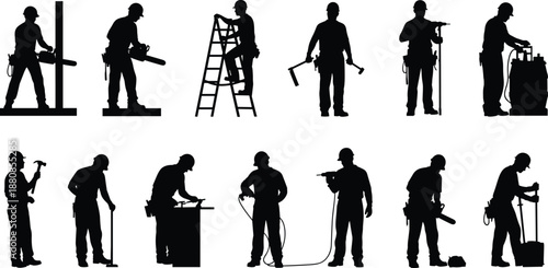 Construction workers silhouettes set showing industrial laborers using tools, ladders, drills, hammers and equipment in different working poses isolated on white background vector illustration