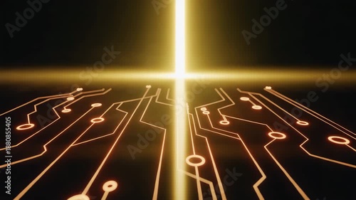 Glowing circuit board with bright light on a dark background