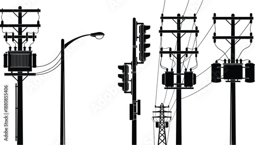 Electric power pole and utility infrastructure silhouette illustration set including transformers, street light and traffic signals, urban electricity distribution network, 