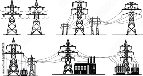 Electric power transmission towers and substations silhouette illustration set showing high voltage lines, industrial energy distribution infrastructure, electricity grid and utility network concept,