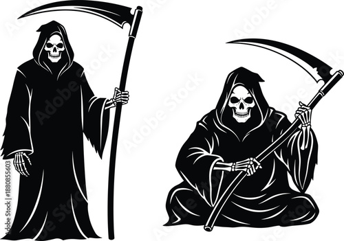 Grim reaper silhouette illustration set showing standing and sitting death figure with scythe, dark fantasy horror character design, gothic symbolism and Halloween concept, black vector isolated