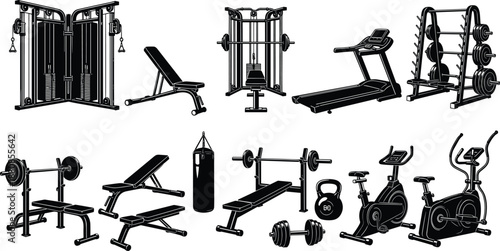 Gym equipment silhouette illustration set including treadmill, weights, bench, exercise machines and fitness accessories, strength training and workout concept, sports club tools collection,