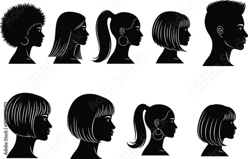 Female and male profile silhouette collection with different hairstyles, side view head shapes, modern portrait icons, minimal black vector illustration isolated on white background