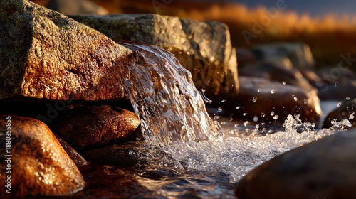Scenic Close-Up of a Mountain Stream Waterfall at Sunset