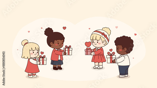 Diverse kids sharing gifts and hearts, celebrating friendship and kindness