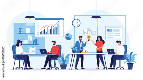 Busy office environment showing employees working at desks with large statistical charts and data visualizations on office walls.