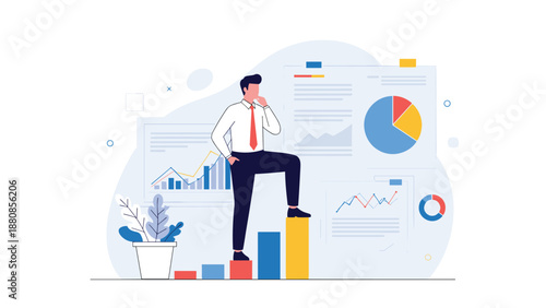 Ambitious businessman standing on top of rising bar chart inspecting complex data visualizations and pie charts for growth.
