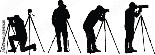 Photographer silhouettes illustration set, professional camera operators using tripods in different shooting poses, photography work concept, black shadow figures isolated on white