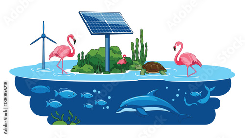 Sustainable island ecosystem featuring solar panels wind turbines flamingos and marine life highlighting renewable energy concepts.