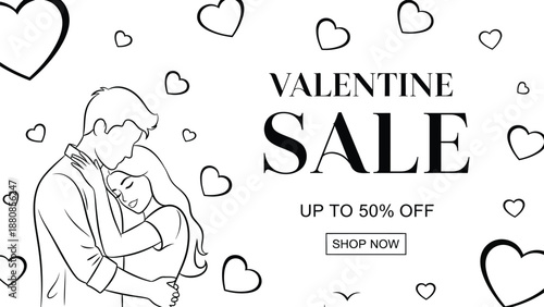 Line art illustration of a loving couple embracing surrounded by floating hearts promoting a special valentine sale with a prominent call to action button for shopping.