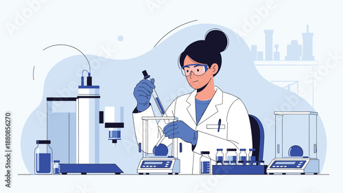 Female scientist wearing safety goggles and lab coat working with specialized equipment and test samples in modern laboratory.