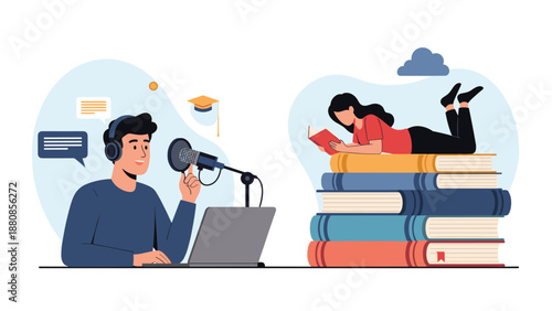Man hosting podcast or radio show while woman nearby reads books on large stack of literature representing education and media.