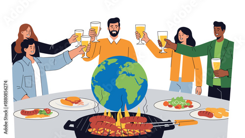 Diverse group of friends toasting with drinks around table with globe center and grilled food celebrating global community unity.