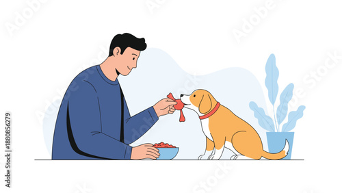 Happy man sitting on floor feeding his pet beagle dog a small treat emphasizing bond between human and animal companion.