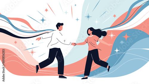 Happy couple dancing together in flowing abstract environment with colorful waves stars and expressive artistic elements.