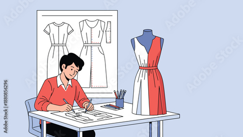 Fashion designer sketching new clothing designs at desk next to mannequin wearing red and white dress in creative studio.