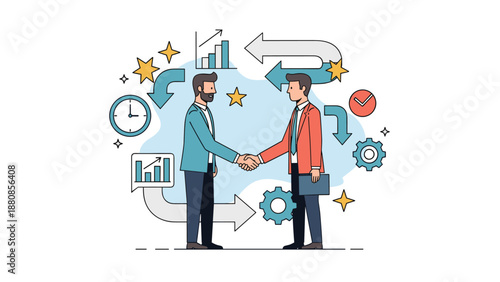 Professional businessmen shaking hands to seal a partnership agreement surrounded by various abstract icons representing time and growth.