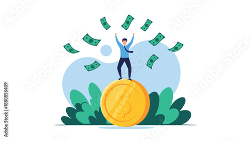 Successful businessman celebrating financial victory while standing on a giant gold coin with paper money falling from the sky in nature.