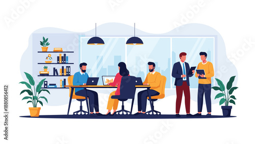 Diverse group of professional employees working together in a modern open plan office space equipped with laptops and comfortable seating.