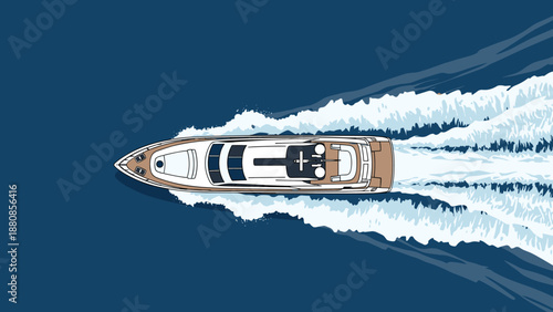 High angle aerial view of a luxury motor yacht cruising across the deep blue ocean water leaving a white foamy wake behind as it moves fast.