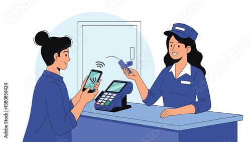 Smiling female cashier assisting a customer with a contactless mobile payment transaction at a retail store counter using a card terminal.