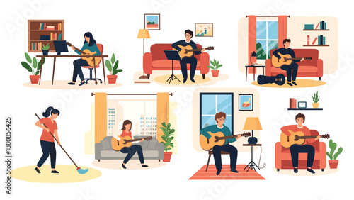 Multiple scenes showing diverse individuals practicing guitar in their homes and one person cleaning the floor.